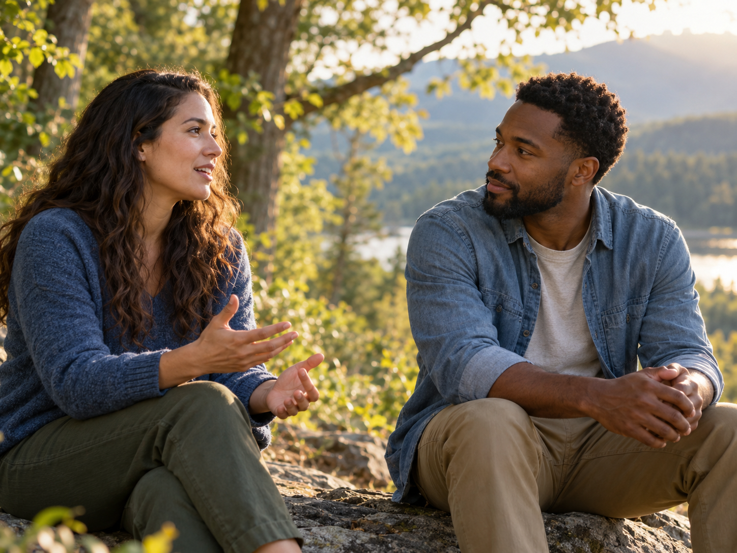 Illustration of two people listening and sharing a conversation outdoors.
