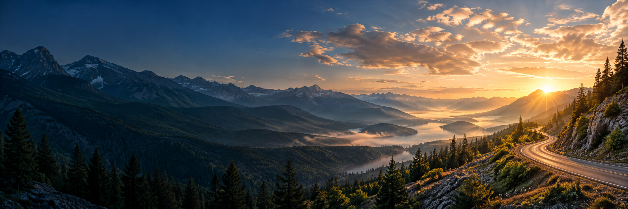 Sunrise over a mountain valley, with a winding road leading toward the light.
